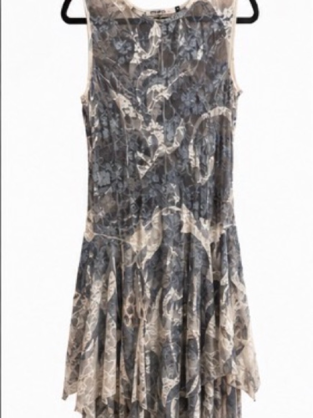 Origami Blue Gray Mesh Overlay Handkerchief Hem Dress Small NWOT
